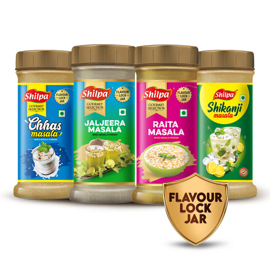 SUMMER SPECIAL COMBO – Chhas, Jaljeera, Raita, Shikanji Masala Pack of 4 x 100g Jars | Refreshing Indian Flavors for Cool Summer Drinks & Sides