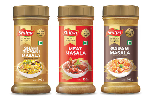 Shilpa Combo Pack of Biryani Masala (100g), Meat Masala (100g) & Garam Masala Powder (100g) Jar