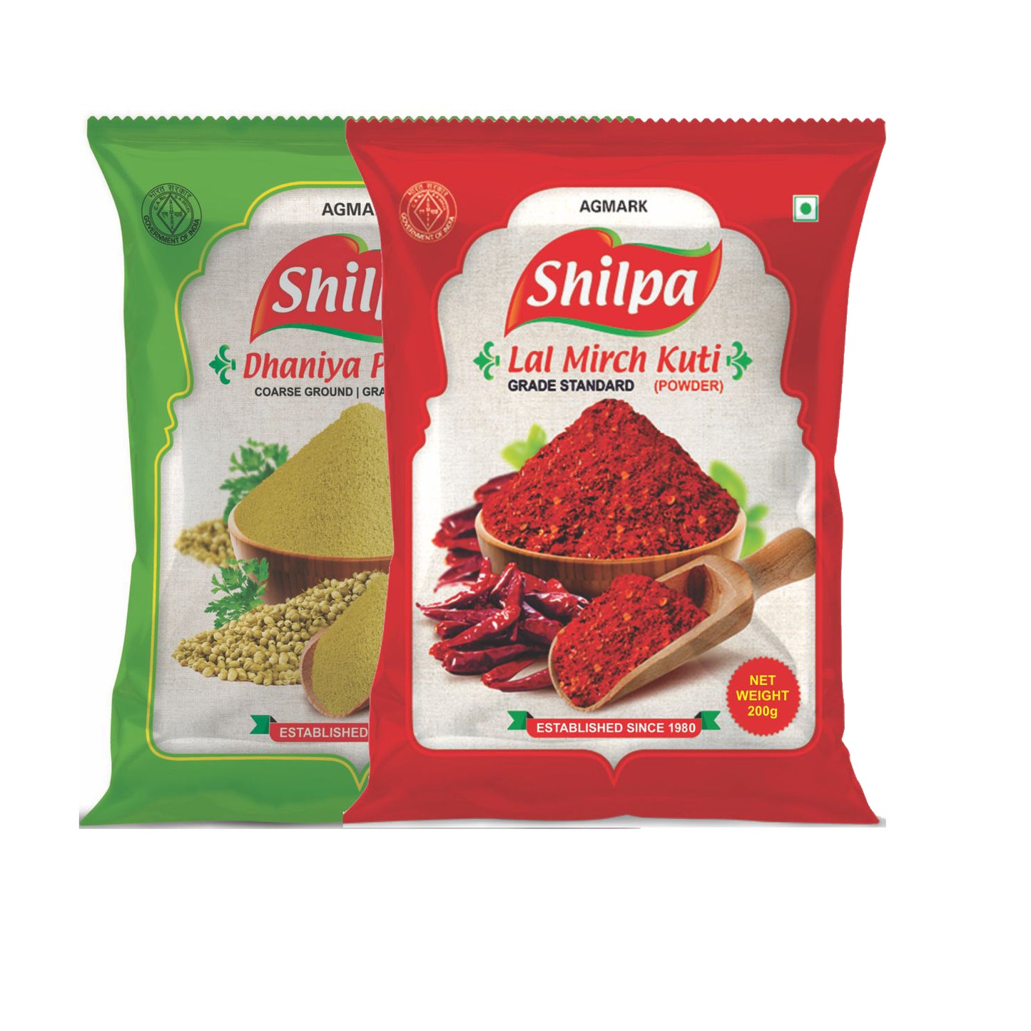Shilpa Combo Pack of Dhaniya (Coriander) Powder (200g) & Mirch Kuti (Crushed Red Chilli) Powder (200g)