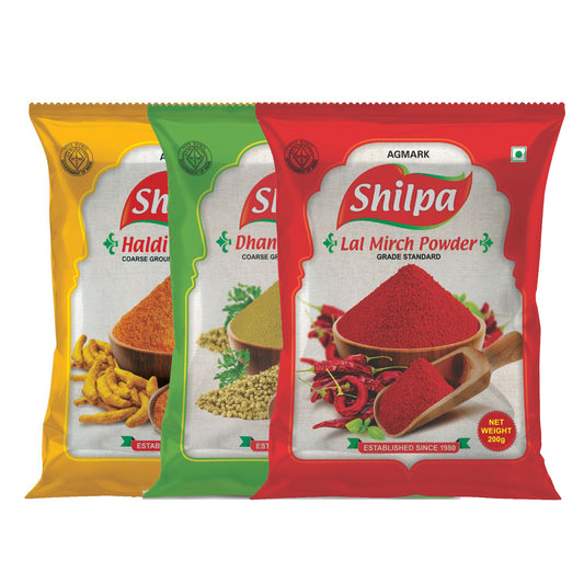 Shilpa Combo Pack of Haldi (Turmeric) Powder (200g), Dhaniya (Coriander) Powder(200g) & Lal Mirch (Red Chilli) Powder (200g) Pouch