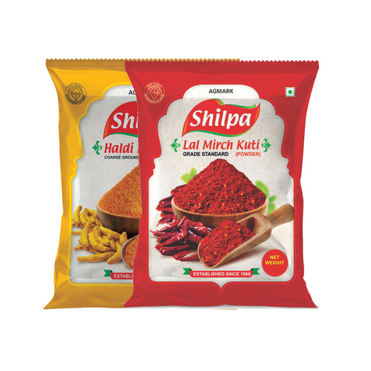 Shilpa Combo Pack of Haldi (Turmeric) Powder (100g) & Kuti Lal Mirch (Crushed Red Chilli) Powder(100g) Pouch
