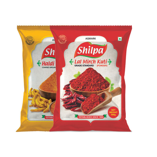 Shilpa Combo Pack of Haldi (Turmeric) Powder (500g) & Kuti Lal Mirch (Crushed Red Chilli) Powder(500g) Pouch